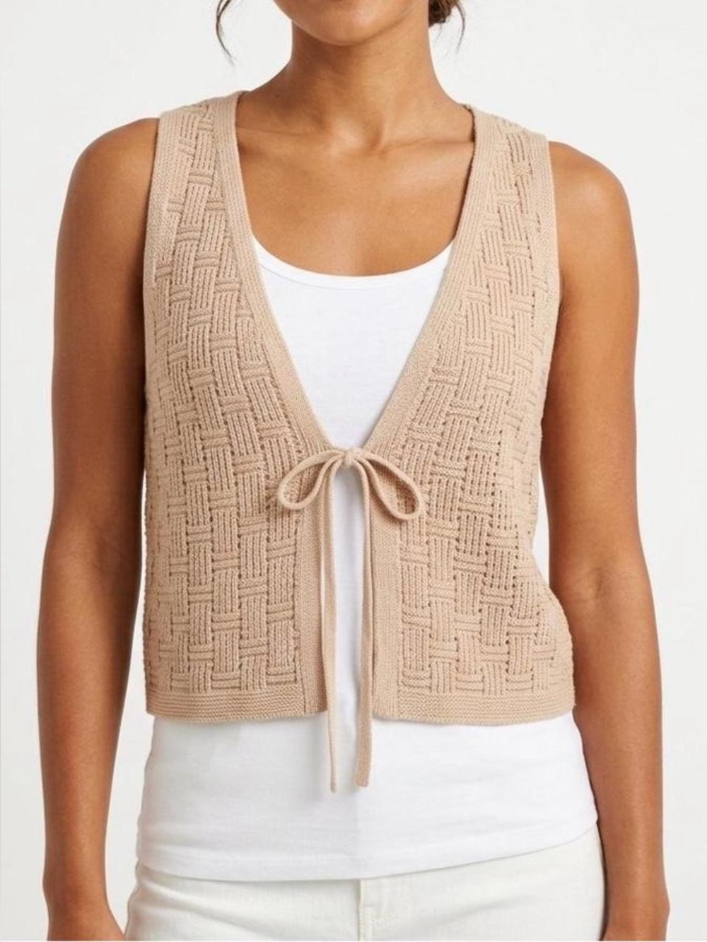 Pink Rose Boho Crochet Tie-Front Sweater Vest Tan Medium